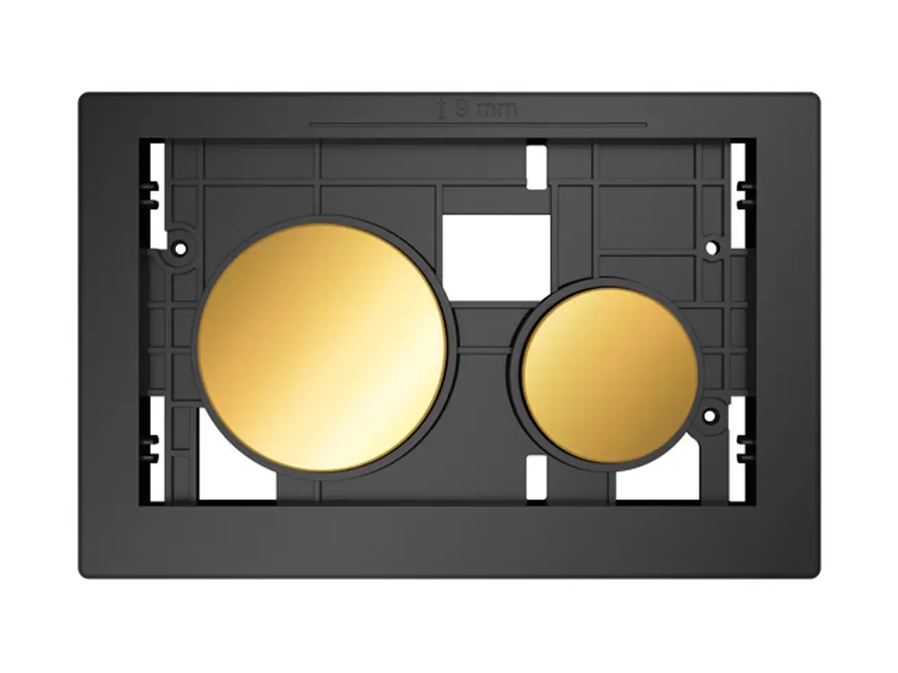 TECE Betätigungseinheit in schwarzem Rahmen mit zwei runden Tasten in Gold, ideal für die WC-Betätigung. Design fokussiert auf Funktionalität und Ästhetik.